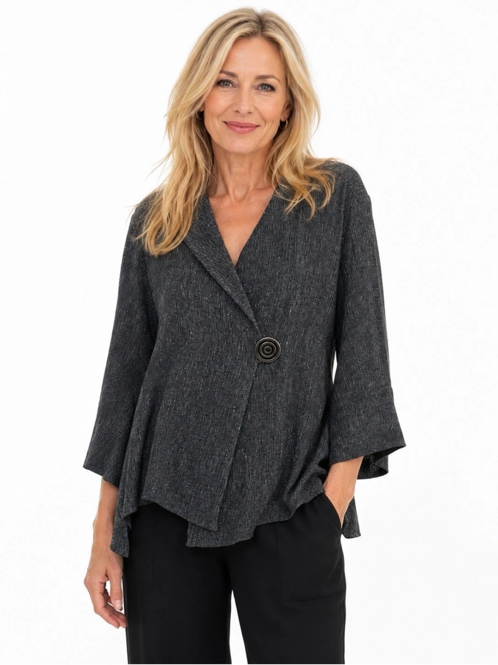 IC By Connie K Asym Button Jacket Charcoal Textured Linen Blend Size XXL NWT